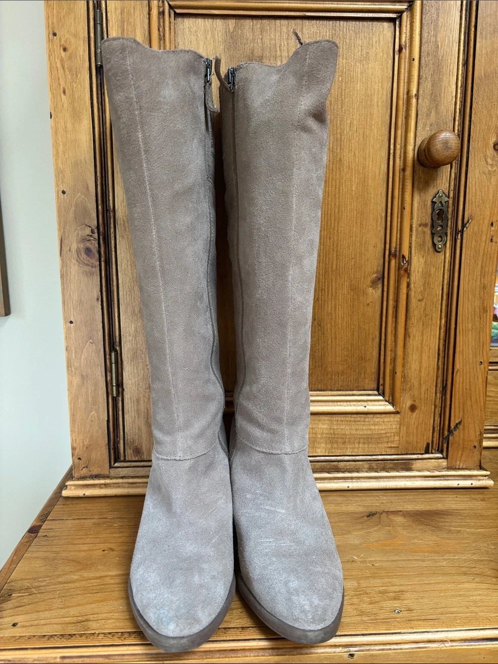 Franco Sarto MishroomTaupe Suede Knee-High Buckle Boots